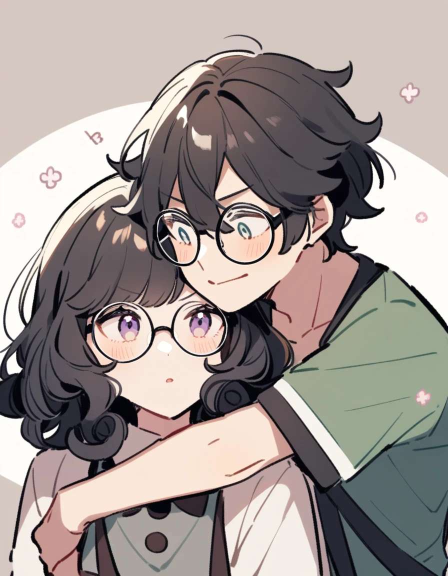 girl with round glasses and black curly hair hugging boy with short curly black hair.