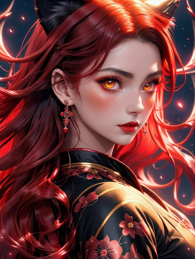 Beautiful scarlet wolf girl, Arnouveau style, fondness, scarlet Wolf ears, red hair is long, sunlight rays, airiness, grace, Floral ornament, хмурая, angry, chiffon, Silk, Correct eye proportions, Expressive yellow eyes, long eyelashes, plump wet lips, Texture skins for the face, A lot of air, higly detailed, Doubleexposure, 30 thousand..., hyper realisitc, Hi-Def, soft-lighting