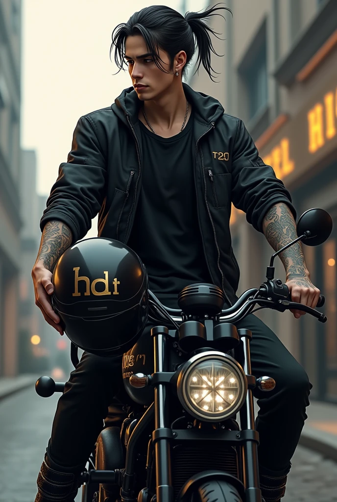 a boy driving his black bike, in front of a hotel holding his black helmet in his hand, the boy is wearing black Jacket and black T-shirt and black pants and black ankle length boots, and his one arm is full of tattoos and on the left side of the helmet, there's a beautiful and small sign engraved in Golden colour, which is made up with initial 'N' and 'D'. the boy is handsome, and has a half hair's pony, a realistic image.