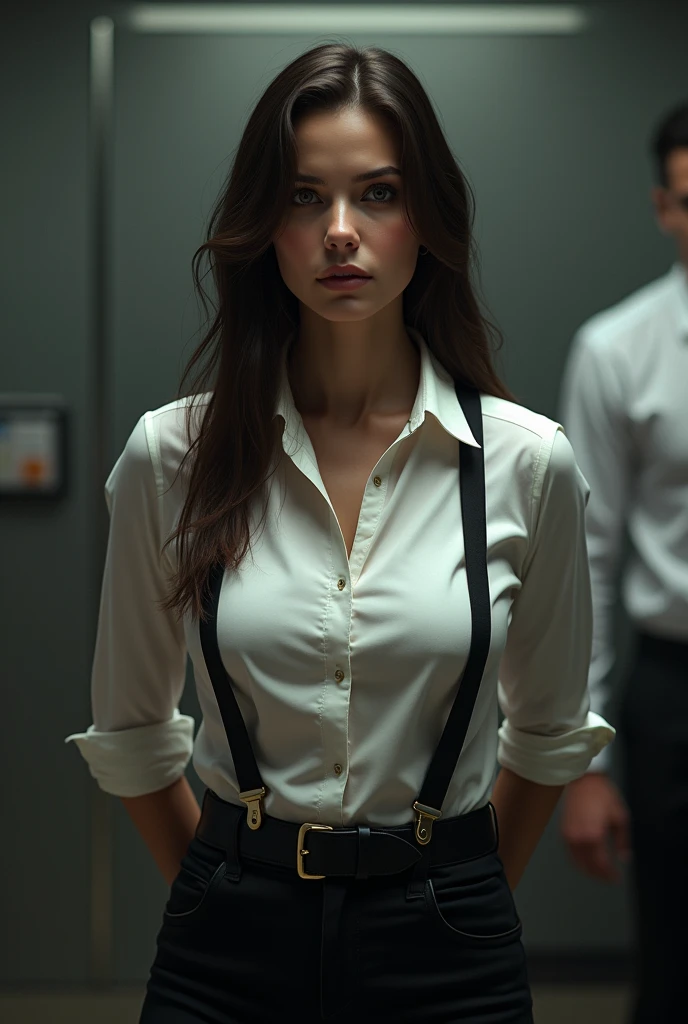 The woman has her hands tied、put your hands behind your backa woman in a suit, belt, hands behind back, sweating, suspenders, black pants, sexly, large breasts, see-through clothing,, detective, office worker, white button-up shirt, (best quality,4K,8k,highres,masterpiece:1.2),ultra-detailed,(realistic,photorealistic,photo-realistic:1.37),hyper-detailed,highly detailed face and body, Slender thin suspenders Moderate breasts See-through shirt Nipples holster chain Pistol Armament criminal Female criminal knife japanese profile Japanese women arrested handcuff Cable tie on thumb Restraint Fingercuffs