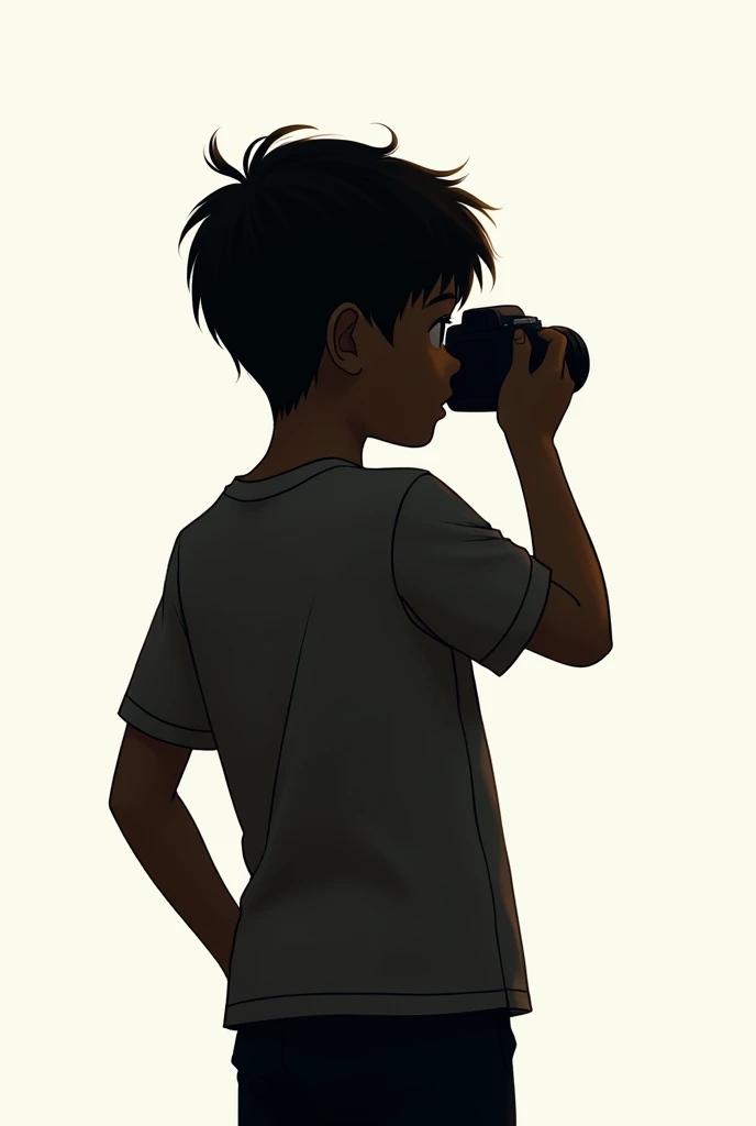 "Generate the silhouette of a boy from behind, holding a camera in his right hand. The boy should be dressed casually, with a relaxed posture, and the camera should be clearly visible in his right hand."