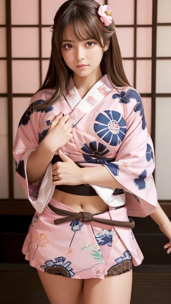 masterpiece, Highest quality,Very detailed,High resolution,(Realistic,photoRealistic:1.37),Excellent anatomy,One beautiful woman,1,Sexy Idol,(((Focus on the thighs:1.5))),(((no panties:1.6))),A small smile,(((Sexy and cute:1.5))),(((Ultra-mini skirt pink floral yukata:1.6))),((Very delicate and beautiful)),((Japanese-style room with tatami mats:1.3)),Brown Hair,Long Hair,bangs, Floating Hair NovaFrog Style,Very beautiful face,Cute type,,Big Natural Color Lip,((Big and pretty eyes,Brown eyes,Obvious double:1.3)),Small and cute nose,Brown eyes,Shiny highlight spots around the eyes,Character Focus,Tilt your head,The best light,Best Shadow,Mysterious perfect face,Very detailed,Soft Skin,(Glowing Skin, Sweaty:1.3)'Beautiful feet, Voluptuous thighs,Plump body,Huge breasts,(Expressing the roundness and softness of the chest),Beautiful body,(The perfect woman) (((Spread your legs,sit,Provocative dynamic pose:1.6))),(((beautiful pussy line:1.6)))