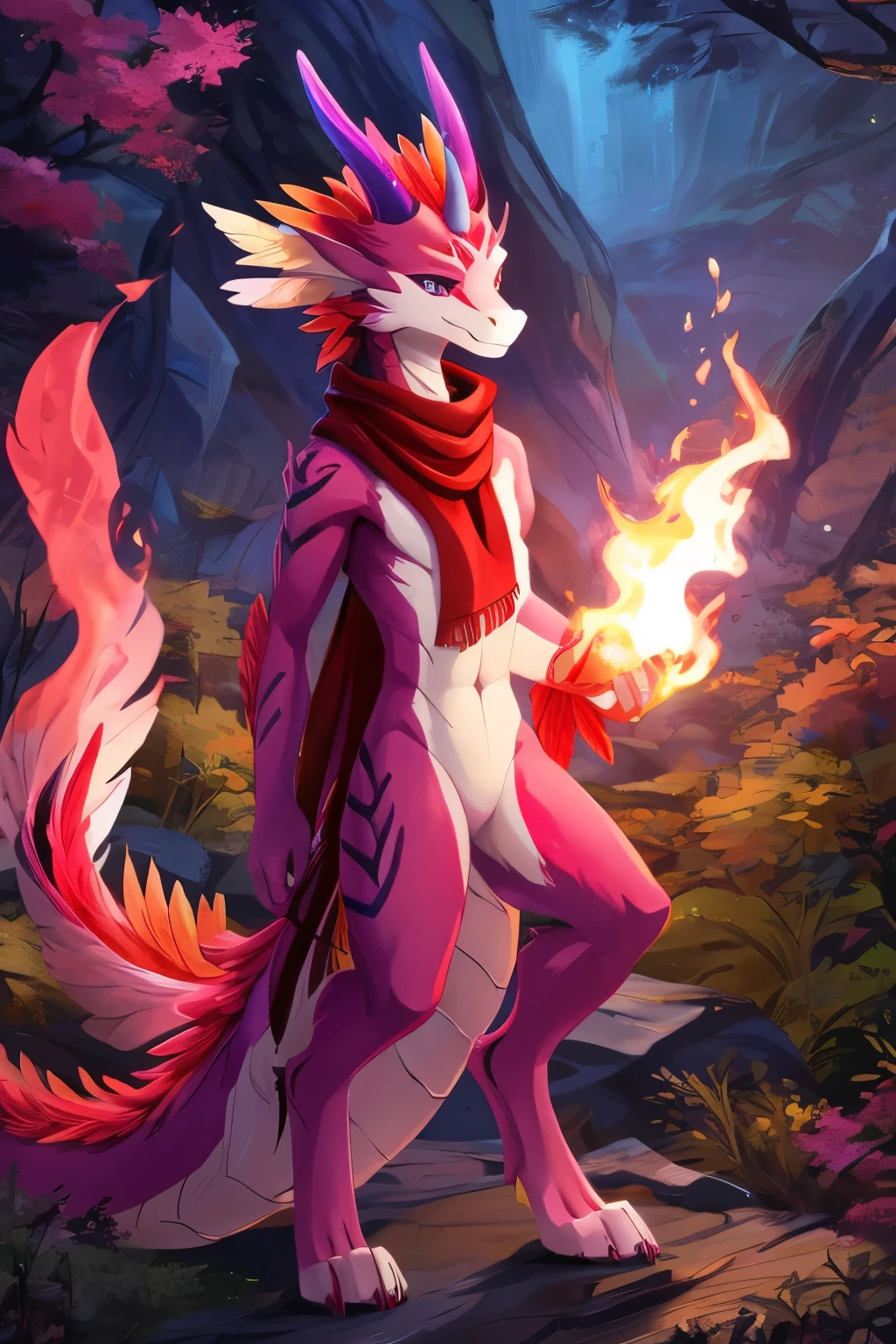 (anime), (front facing), (looking at the camera), slim furry white fire dragon, magenta fire magic, secondary body colors, (magenta, red and orange undertones), long muzzle, neck and tail fur, digitigrade, creative horns, feathers, (wearing only a scarf), nature background, full body