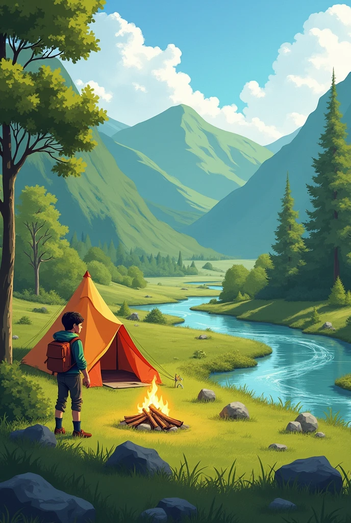 Realistic illustration of a camp with a tent in a valley , in a field with vegetation and grass where you can see on the right side a part of a large river with stones and molle trees, Sauces, alder and eucalyptus, etc around, with green hills and a young man from the Pathfinders Club of the Seventh-day Adventist Church, and a bonfire on the side