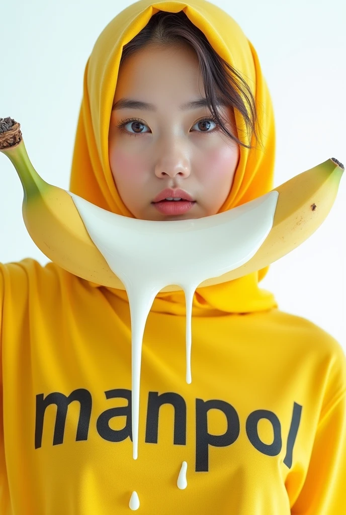 beautiful Korean woman wearing a hijab, wearing a yellow crop top t-shirt that says MANPOL, holding a large and long banana, at the end of the banana there is thick white milk melting, white background