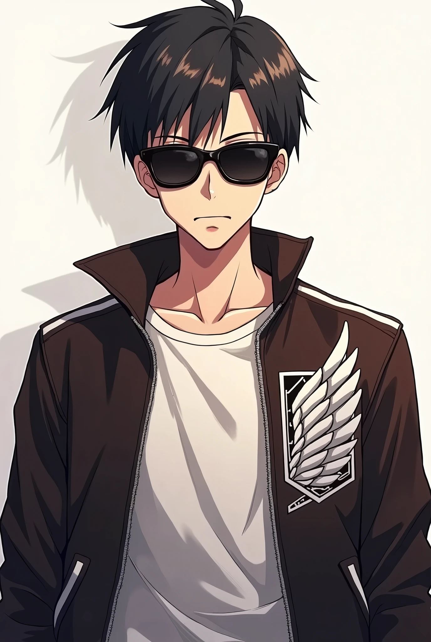 Anime guy wearing sunglasses and attack on Titan Jacket . Full upper body, eyes should not be visible through glasses. He must be front facing
