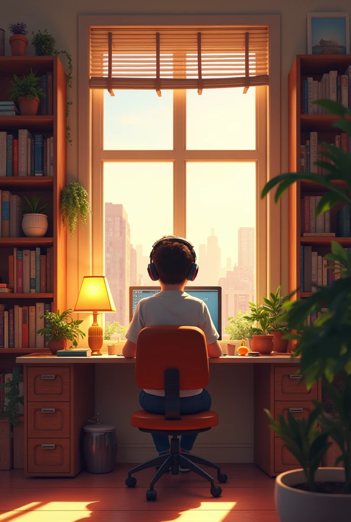 Create an image featuring a character sitting at a desk with headphones on, in a cozy room with warm lighting. The room should have elements such as books, decoration, and a window showing either a cityscape or nature. The atmosphere shuld be calm and inviting, sutible for studying or relaxing. Include soft shadows to enhance the warmth of the scene."