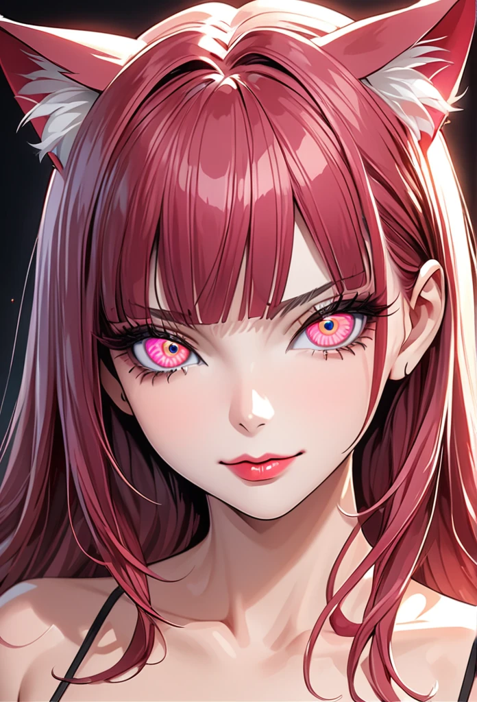 1girl, (masterpiece), best quality, highly detailed face, hypnotic, spiral eyes, (SHARP details), 4k, highly detailed, expressive eyes, SHARP detail expressive eyes, (SHARP detail perfect face), (cat ears), cat girl),maroon red hair,(shiny peach lipstick) (pink eyes), long hair, detailed face, large breasts, long eyelashes, mature, (smirk, closed lips, big plump lips, eyeshadow) shiny skin, beautiful eyes,(detailed eyes, sharp eyes, black sharp pupils), blunt bangs, wispy bangs, naughty look, cutest face, black background, cleavage
