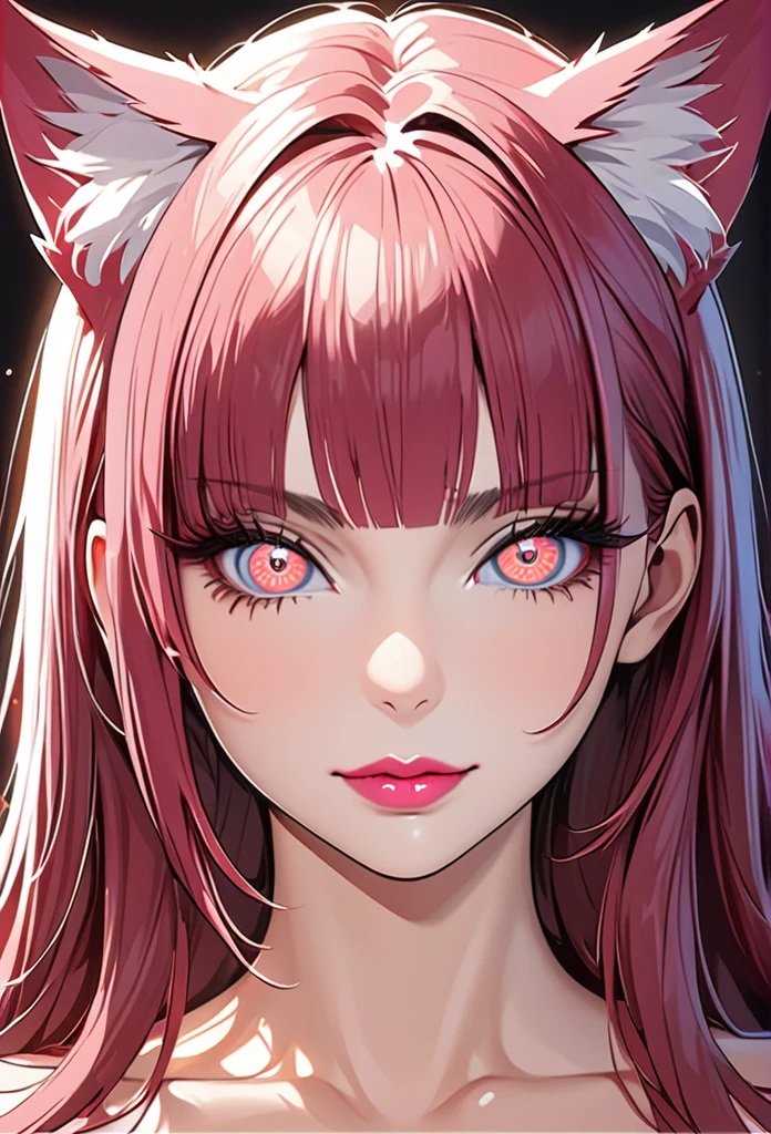 1girl, (masterpiece), best quality, highly detailed face, hypnotic, spiral eyes, (SHARP details), 4k, highly detailed, expressive eyes, SHARP detail expressive eyes, (SHARP detail perfect face), (cat ears), cat girl),maroon red hair,(shiny peach lipstick) (pink eyes), long hair, detailed face, large breasts, long eyelashes, mature, (smirk, closed lips, big plump lips, eyeshadow) shiny skin, beautiful eyes,(detailed eyes, sharp eyes, black sharp pupils), blunt bangs, wispy bangs, naughty look, cutest face, black background, cleavage