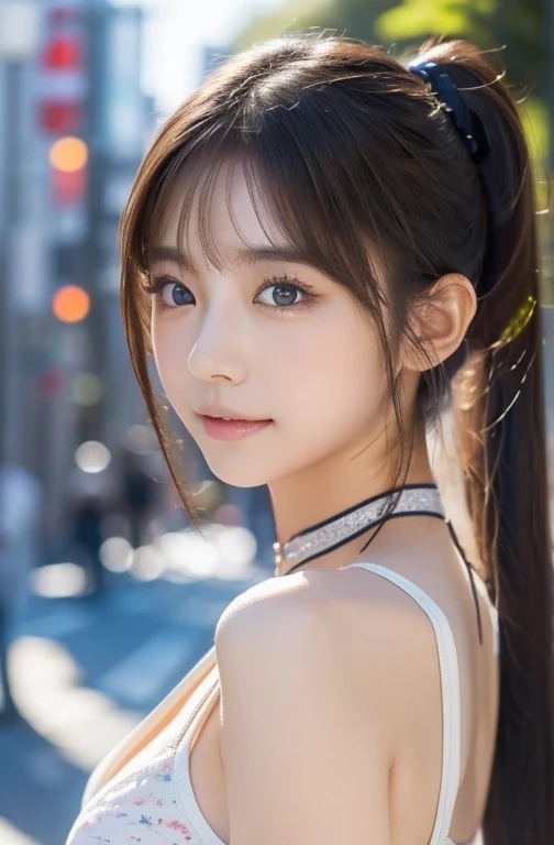 最高qualityのディテール:1.2, Realistic, 8K Ultra HD, High resolution, One Girl:1.2, The 超detailedな, 高qualityのテクスチャ, Intricate details, detailed, 非常にdetailedなCG, 高qualityの影, detailed 美しく繊細な顔, detailed 美しく繊細な目, Depth of written boundary, Ray Tracing, 20th Generation, Cute K-Pop Girls, The Face of Ulzan in Korea:1.1, Narrow Face, Urzan-6500-v1.1:0.6, Pure Eros Face_v1, Glow Eyes, cheek, Glossy Lips, Perfect body, choker、Cleavage、 Brown Hair、ponytail:1.1, street, particle, View the viewer, Photorealistic:1.4, 超detailedな, Photo Real, 4K 8K Ultra HD Full Color RAW Photos, Fujifilm(Medium format:1.2), Hasselblad:1.2, Carl Zeiss:1.1, Incredible dynamic range photography(utility_art：Smoose-768:1.1), High resolution, High pixel count, 明確なdetailed, Clear images, Natural color reproduction, Noise Reduction, High fidelity, quality, Software Improvements, Upscaling, Optimized Algorithms, Professional-level retouching、((Shibuya Ward, Tokyo))、On the way to shopping、((Stylish and Design-Forward Clothing))、Graphic T-shirts: artとロゴ、アニメキャラクターがプリントされたGraphic T-shirtsが流行.、Use for unique styling