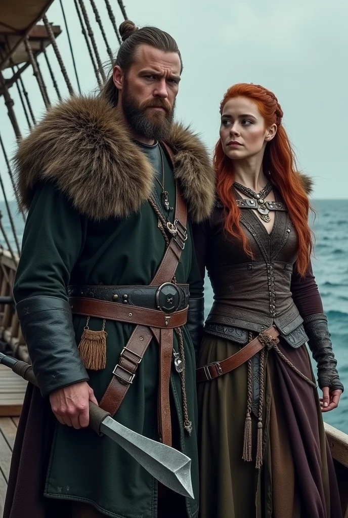 male 2, Cao Cao , viking style ragnar lodbrok muscular body using a viking weapon, next to him a woman with natural red hair with a Viking hairstyle,peasant, Sansa Stark style They are on a Viking ship