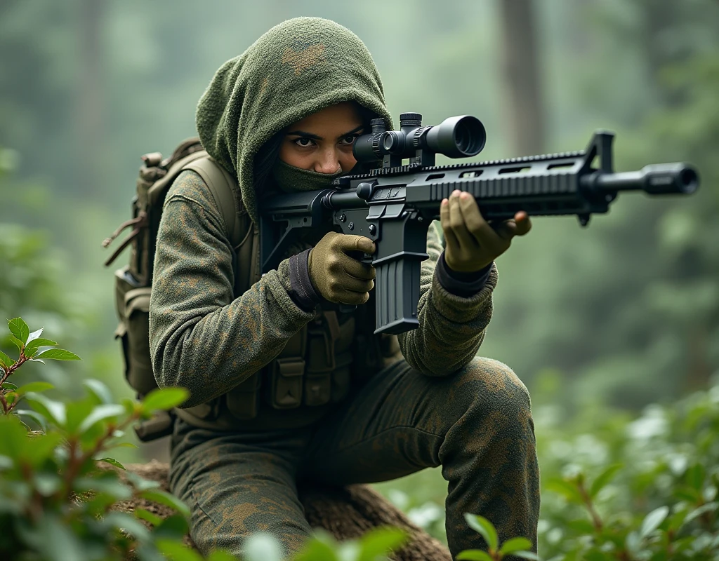 Priyanka Chopra as sniper, wearing wearing full ghillie suit, wearing full face scarf, wearing gloves, in jungle area, full body view, firing pose, on a hill,