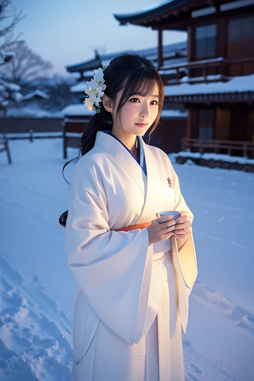 female、White kimono、snow、night
