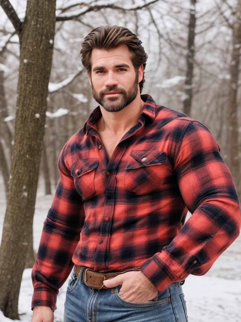 hair, portrait of a ruggedly handsome paladin, muscular, half body, masculine, mature, Retrato de un joven, Muscular very handsome and attractive spanis men, A 40 years old male, Retrato de un joven, Muscular, real, snow, winter, plaid shirt