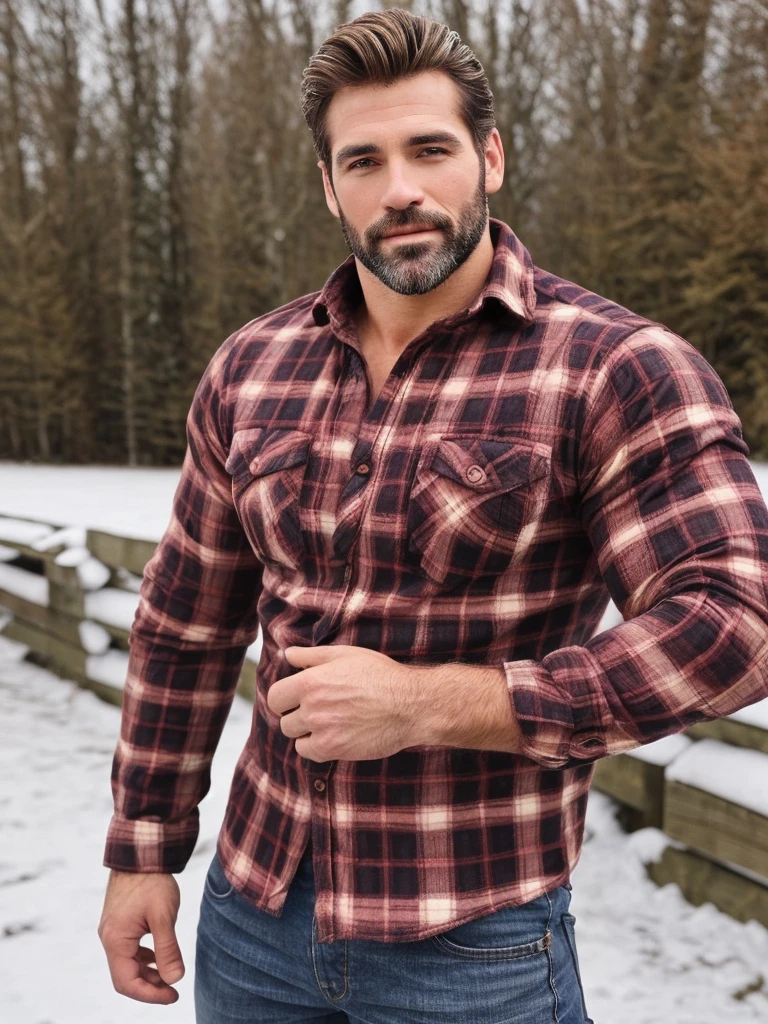 hair, portrait of a ruggedly handsome paladin, muscular, half body, masculine, mature, Retrato de un joven, Muscular very handsome and attractive spanis men, A 40 years old male, Retrato de un joven, Muscular, real, snow, winter, plaid shirt