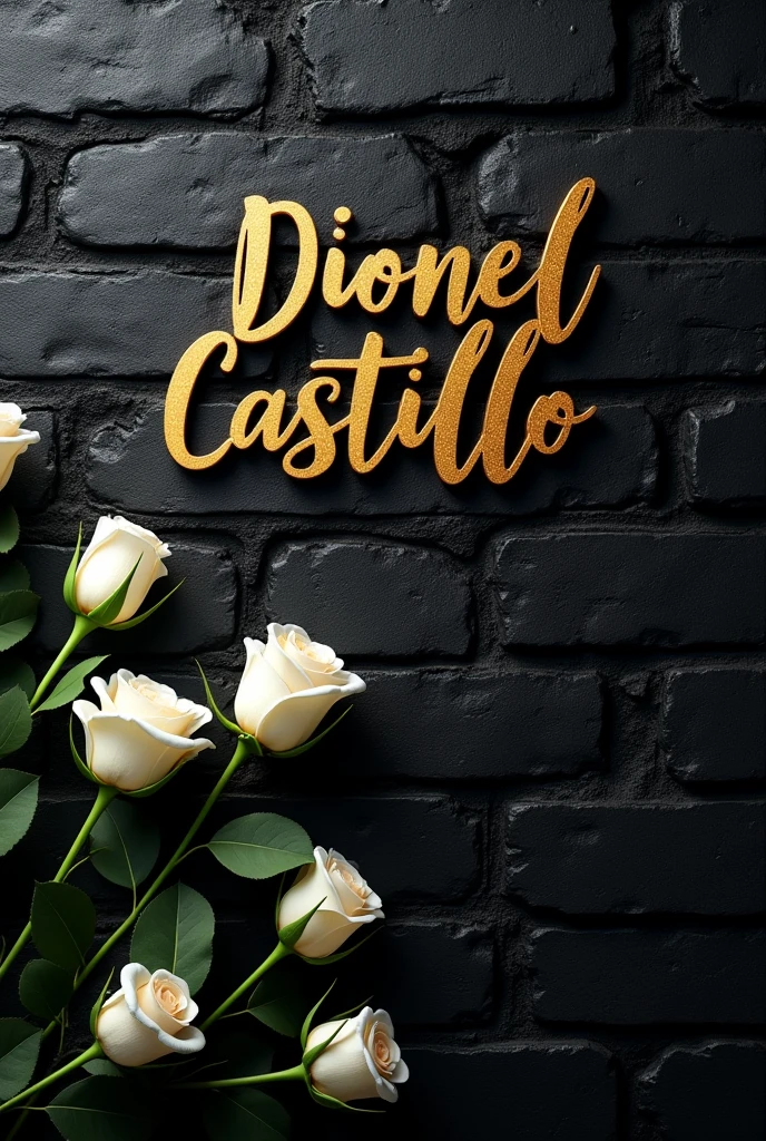 An image with the name Dionel Castillo on a black brick wall and below some white roses with the name in gold