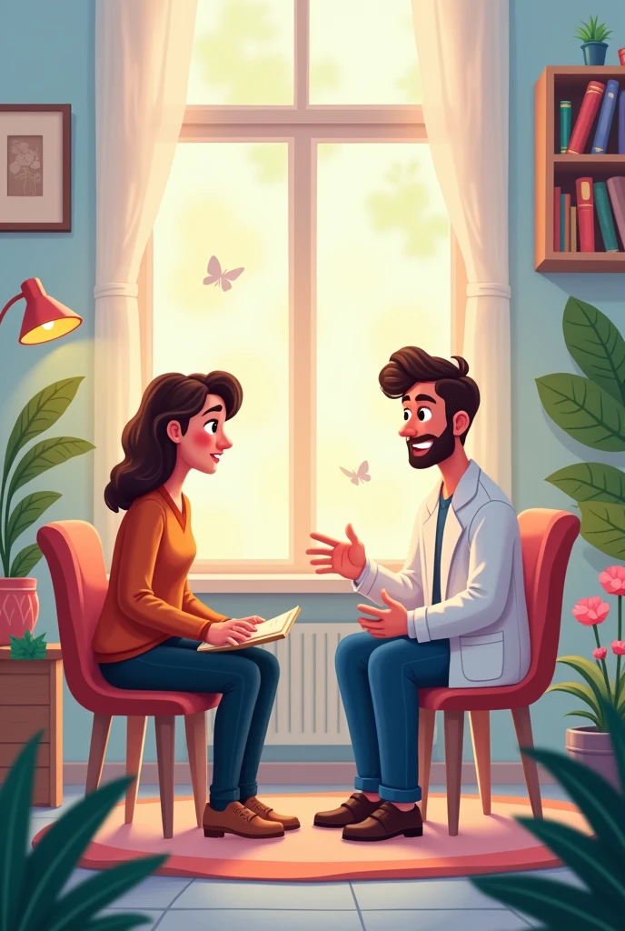 Create an image of a male psychologist attending a patient , helping and accompanying him in the process of taking care of his mind, that it is not realistic that it is like a cartoon