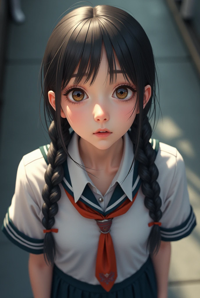 Asian teenage girl looking up with top perspective, with two long braids, dressed as a schoolgirl from the front, from afar