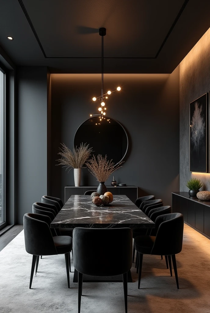 Professional 3d architecture rendering design of modern and minimal dining room with very dark thunder colour modern velvet 8 chairs and black stone marble table modern and modern ceiling lighting and elegant ceiling lighting and dark wooden consulate with elegant mirror elegant and modern ceiling lighting and elegant wall painting and elegant accessories
