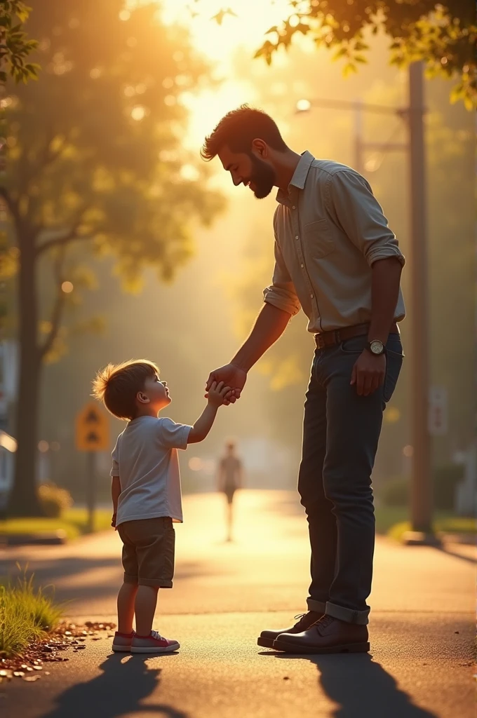 Create an image that puts "A father takes care of his children, that gives it meaning" with a father holding his son's hand