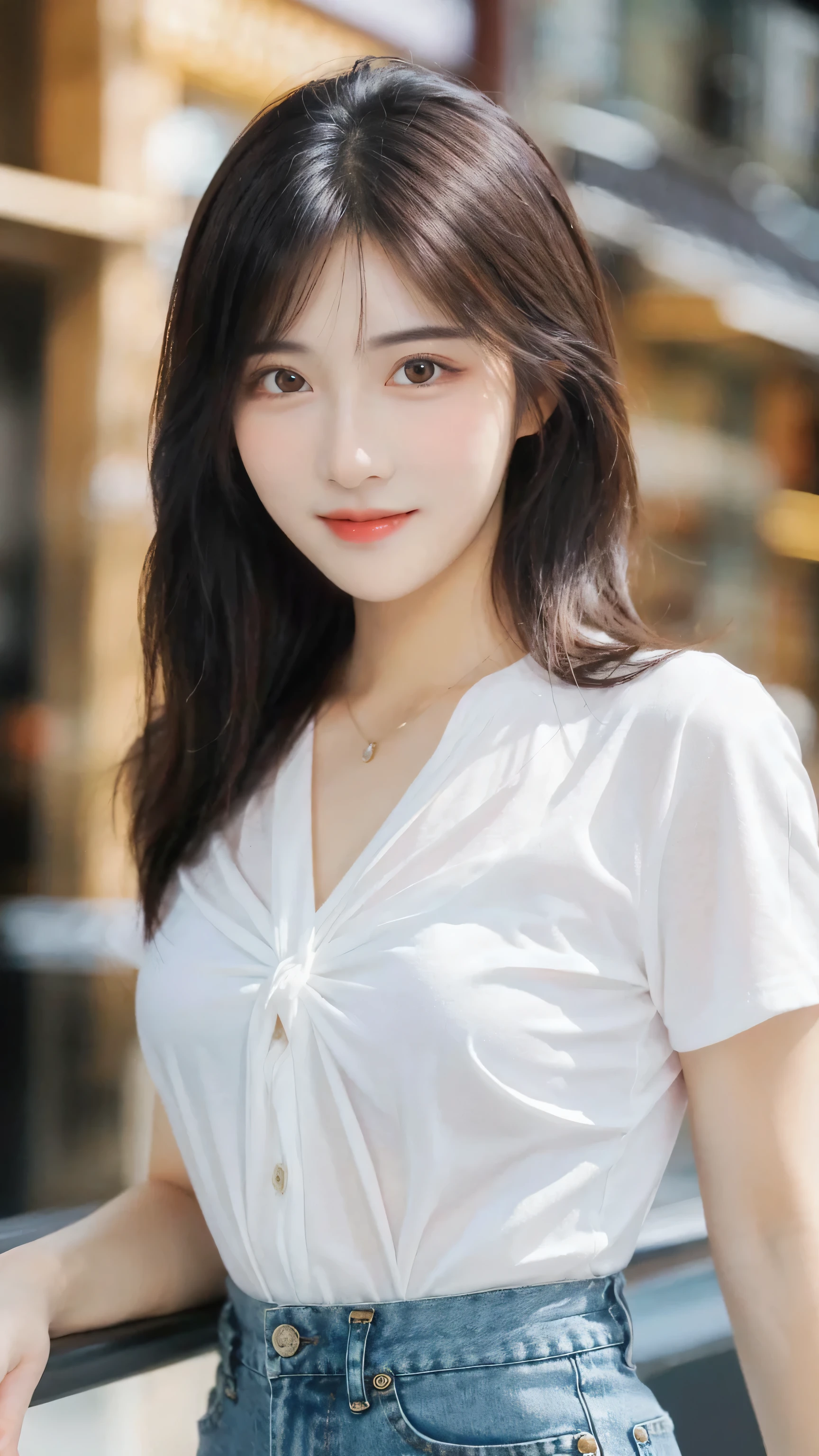 (8k, RAW Photo, Best Quality, Masterpiece:1.2), table top, Ultra Detail, Super Resolution, (Realistic, Realistic Photo:1.37), Portrait, High Detail RAW Color Photo, Professional Photo, Extremely Detailed and Beautiful, Extremely detailed, 8k wallpaper, amazing and detailed, huge file size, official art, highly detailed CG unity 8k wallpaper, highly detailed beautiful girl, highly detailed face, highly detailed eyes, highly detailed skin, highly detailed fingers, highly detailed nose, very detailed detailed mouth , perfect anatomy, highly detailed background, highly detailed clothes, 1girl, 1 girl, cute girl, realistic body, fair skin, glowing skin , slim body, handsome body, black hair , semilong hair, (blunt bangs:1.2), smile, cute, youthful, cute face, realistic face, delicate eyes, drooping eyes, looking at viewer, facing front, standing posture, Contraposto, (medium chest), (Perfect Body Proportions), (slender Body Proportions), super sexy pose, (white shirt), (jeans pants), (authentic bar),