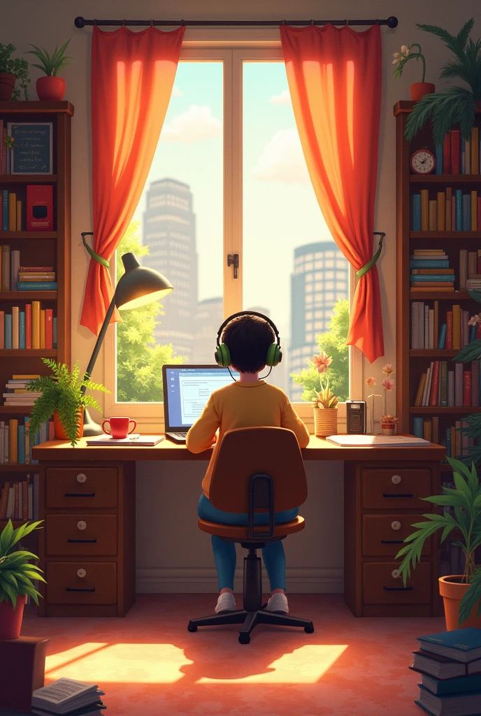 Create an image featuring a character sitting at a desk with headphones on, in a cozy room with warm lighting. The room should have elements such as books, decoration, and a window showing either a cityscape or nature. The atmosphere shuld be calm and inviting, sutible for studying or relaxing. Include soft shadows to enhance the warmth of the scene."