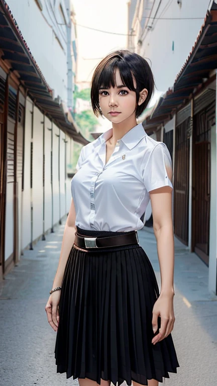 Pretty thai woman short hair , tomboy , (8k, best quality, masterpiece, ultra highres:1.2) Photo of Pretty thai woman beautiful, beautiful enchanting fashion contemporary painting with , (1girl), (white big size shirt short sleeves), ((black long pleated skirt )), belt , realistic skin texture , round chin, 85 mm art lens, f 1. 2, sharp focus, 8 k high definition, insanely detailed, intricate, elegant , mid breasts , long pleated skirt black skirt