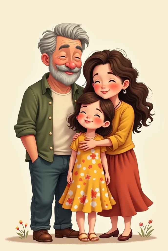 A drawing for a magical story where a 50-year-old man appears who is not very thin., gray-haired with a not-so-thin woman,black-haired hugging her brown-haired daughter, who is wearing a colorful dress and smiling with funny faces in a family postcard