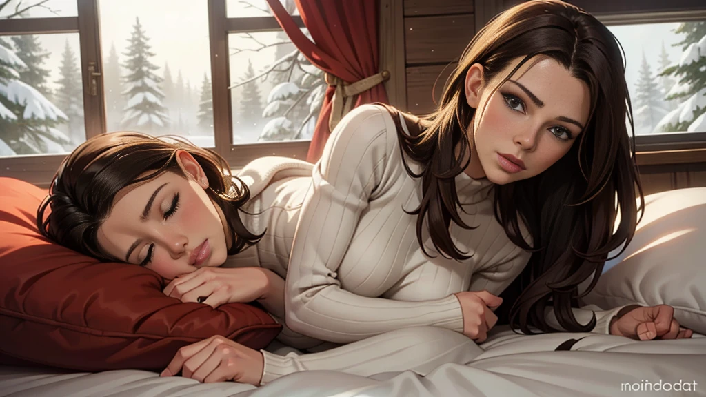 beautiful woman, laying in cozy bed, snoozing, snowy and cold window, warm cabin bedroom, kate beckinsale, warm red bed
