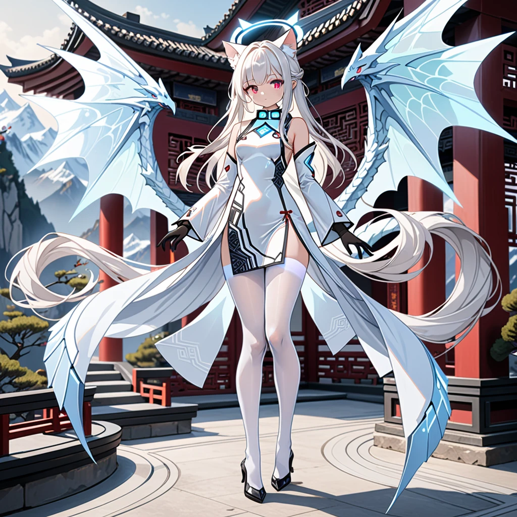 masterpiece, highest quality, highest resolution, clear_image, detailed details, white hair, long hair, 1 girl, cat ears, red eyes, futuristic halo, white sci-fi china dress, detached sleeves with black gloves,  white scarf (around the neck withn a light blue glow), 12 white futuristic dragon wings, white pantyhose, full body, no water marks, no panties, in mountain villa