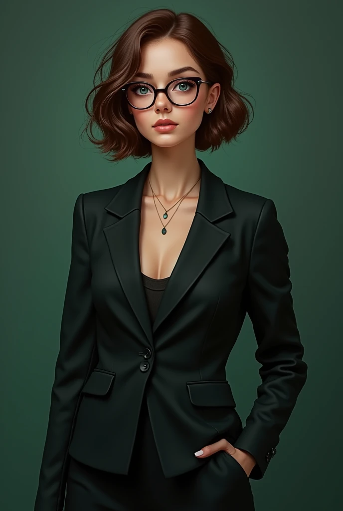 A  with a pretty face, a good figure, blue eyes, short brown bob hair, wearing glasses, in Slytherin house, wearing a black suit.