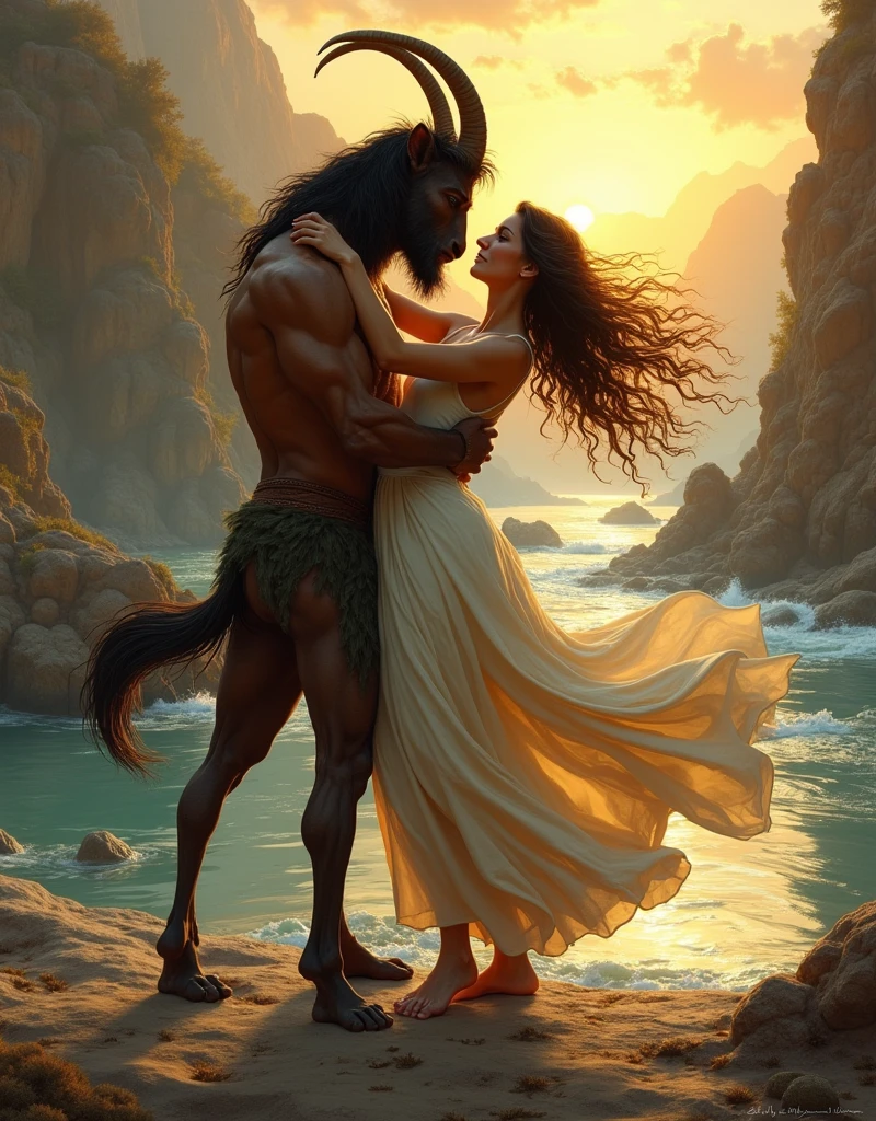 A centaur, strong and muscular, holds a beautiful woman in his arms as they dance by a river. The woman, with flowing hair and a look of passion in her eyes, leans into the centaur's embrace. The setting sun casts a warm glow on the scene. [Fantasy art, in the style of Boris Vallejo], [Lens: 35mm, Aperture: f/2.8, ISO: 100, Lighting: warm and soft, Color Palette: warm browns, golds, and blues, Background: a hazy sunset with a river and rocky outcroppings, Rendering: realistic and detailed]

