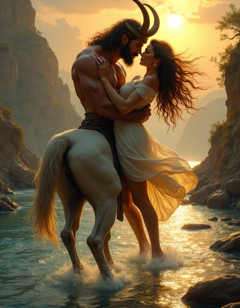 A centaur, strong and muscular, holds a beautiful woman in his arms as they dance by a river. The woman, with flowing hair and a look of passion in her eyes, leans into the centaur's embrace. The setting sun casts a warm glow on the scene. [Fantasy art, in the style of Boris Vallejo], [Lens: 35mm, Aperture: f/2.8, ISO: 100, Lighting: warm and soft, Color Palette: warm browns, golds, and blues, Background: a hazy sunset with a river and rocky outcroppings, Rendering: realistic and detailed]

