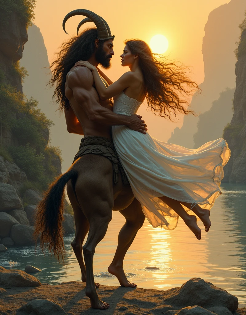 A centaur, strong and muscular, holds a beautiful woman in his arms as they dance by a river. The woman, with flowing hair and a look of passion in her eyes, leans into the centaur's embrace. The setting sun casts a warm glow on the scene. [Fantasy art, in the style of Boris Vallejo], [Lens: 35mm, Aperture: f/2.8, ISO: 100, Lighting: warm and soft, Color Palette: warm browns, golds, and blues, Background: a hazy sunset with a river and rocky outcroppings, Rendering: realistic and detailed]

