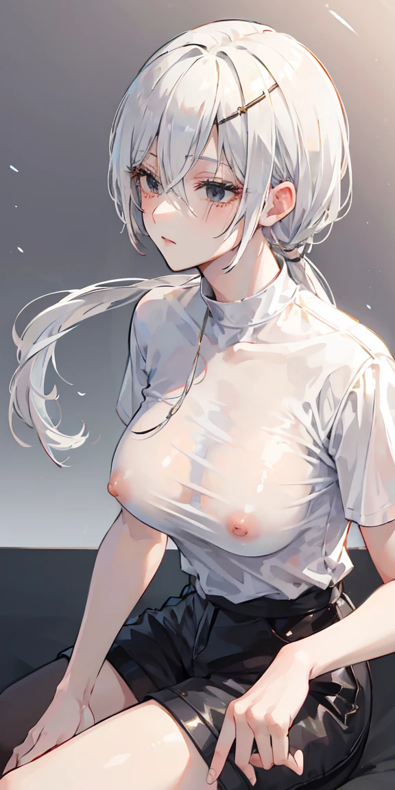 Masterpiece,realistic, 1girl,(MyleneHFV4), platinum hair, golden eyes,ringed eyes, single braided ponytail, ((POV, close shot)), white shirt short sleeves, dark short pant, nipples, highlight breast, side bangs, sweats,