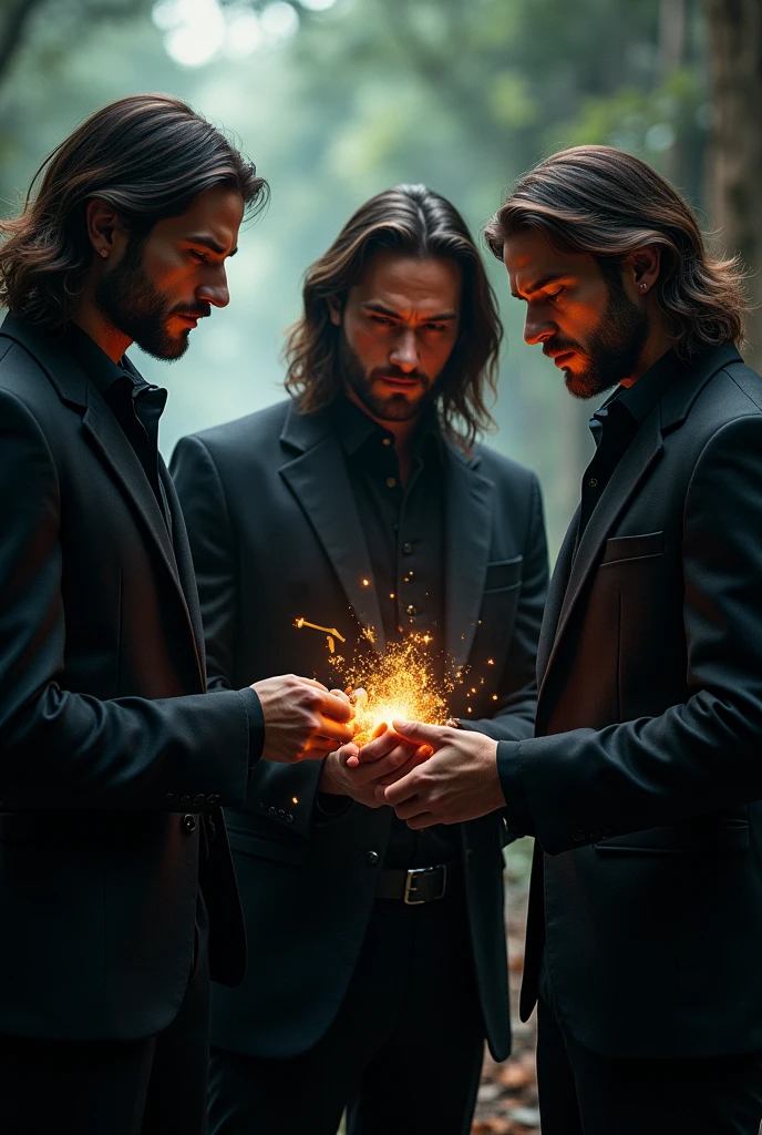 imagine three perfectly attractive 40-year-old men. with a hypnotic beauty. With beauty that mixes Nordic with black man with flowing hair on the shoulder with elegant black suit impeccable cut, interacting with each other, in a setting of enchanted and illuminated atmosphere.These men are part of a clan of wizards, just came out of an important initiation, where they have just acquired a new magical ability. and discover a magical artifact