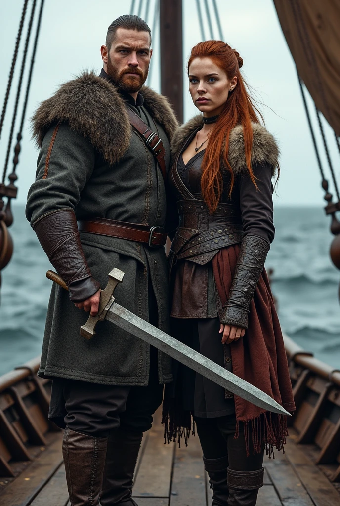 male 2, Cao Cao , viking style ragnar lodbrok muscular body using a viking weapon, next to him a woman with natural red hair with a Viking hairstyle,peasant, Sansa Stark style They are on a Viking ship