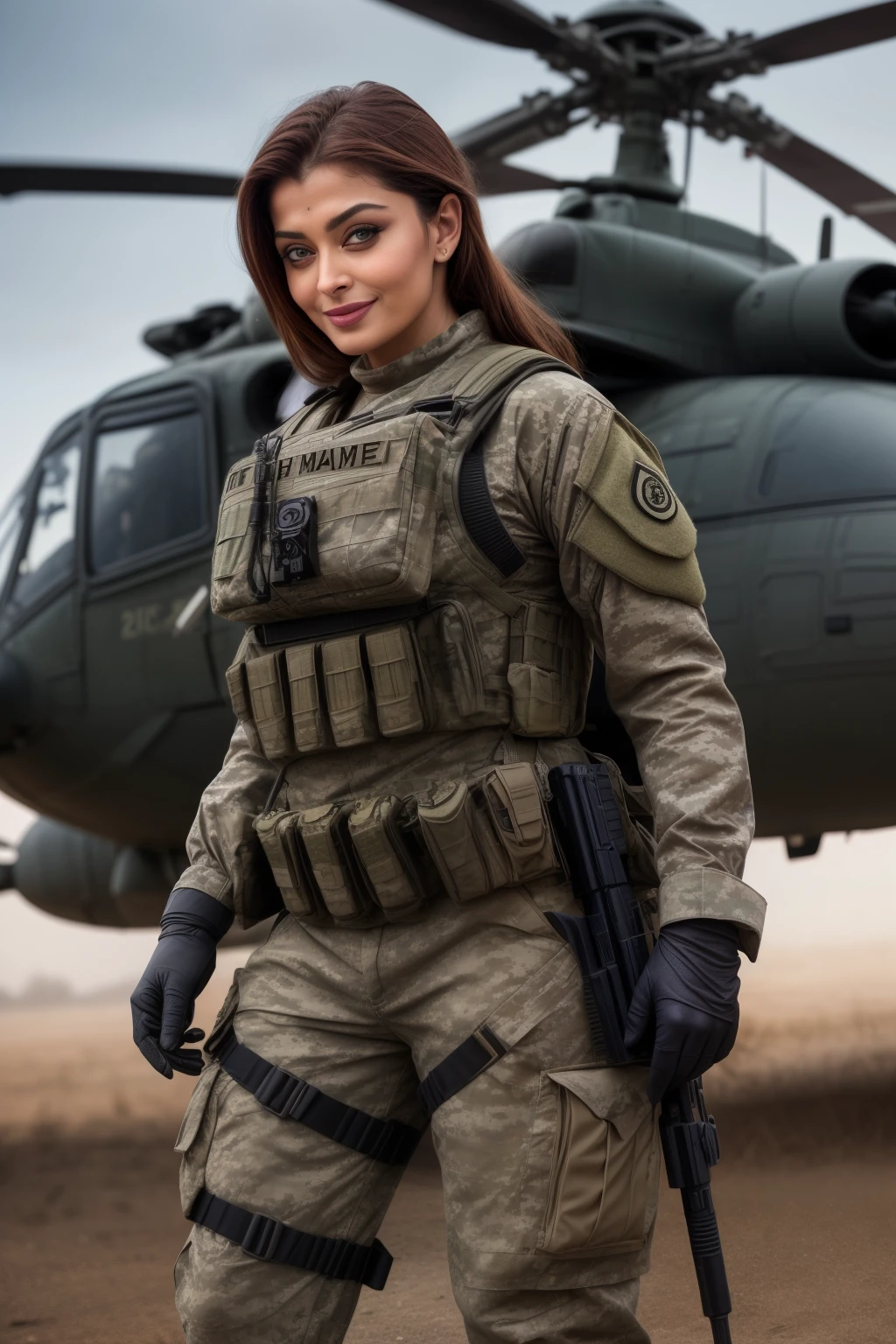 Full body photo of 50YO MATURE MILF AISHWARYA RAI as ARMY MILF COMMANDO, WEARING FULL ARMY GEAR, COMBAT BOOTS, COMBAT GLOVES, KNEEPADS, CAMO PLATE CARRIER RIG, intricate details, POSING next to army helicopter, ((FLIRTATIOUS MOCKING SMILE)), PONYTAIL HAIR, day scene, mature hourglass figure, look straight at camera, sexy 50 yo mature MILF, soft volumetric lights, intricate details, (ArtStation:1.2)
