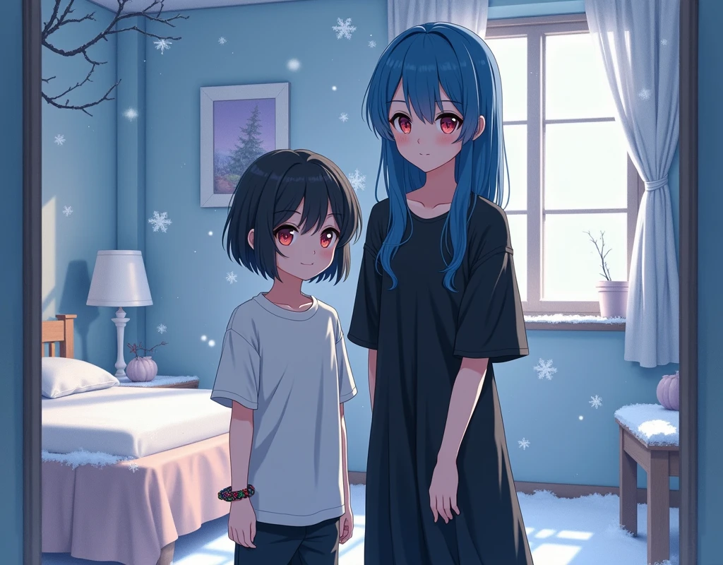 "A girl with short black hair, wearing an oversized band shirt and black pants." Wearing a bracelet, standing next to her sister with long blue hair and a black dress, in a room decorated in a snowy style., My elder sister is taller., looking towards the viewer, front, Realistic, Anime, 3d