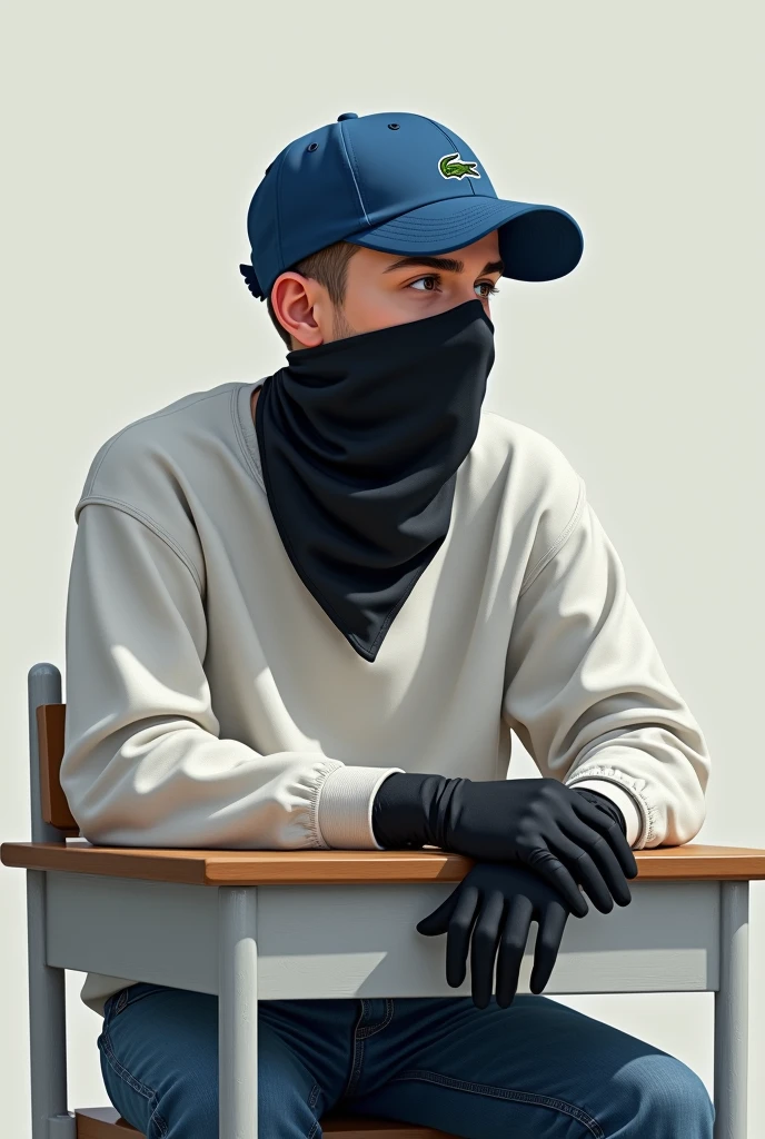 Realistic image of a young man sitting on chair and school desk, all white sweatshirt, jeans, black cold gloves, Lacoste brand blue curved brim cap. The young man is looking sideways. With a black bandana on his face. shaven hair.