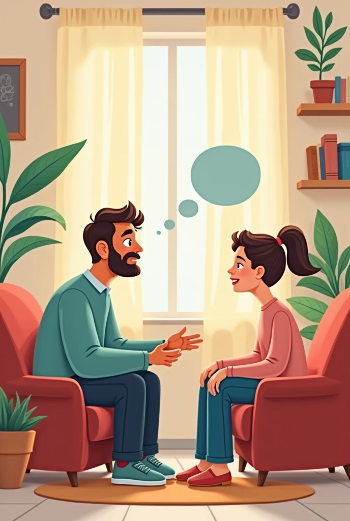 Create an image of a male psychologist attending a patient , helping and accompanying him in the process of taking care of his mind, that it is not realistic that it is like a cartoon
