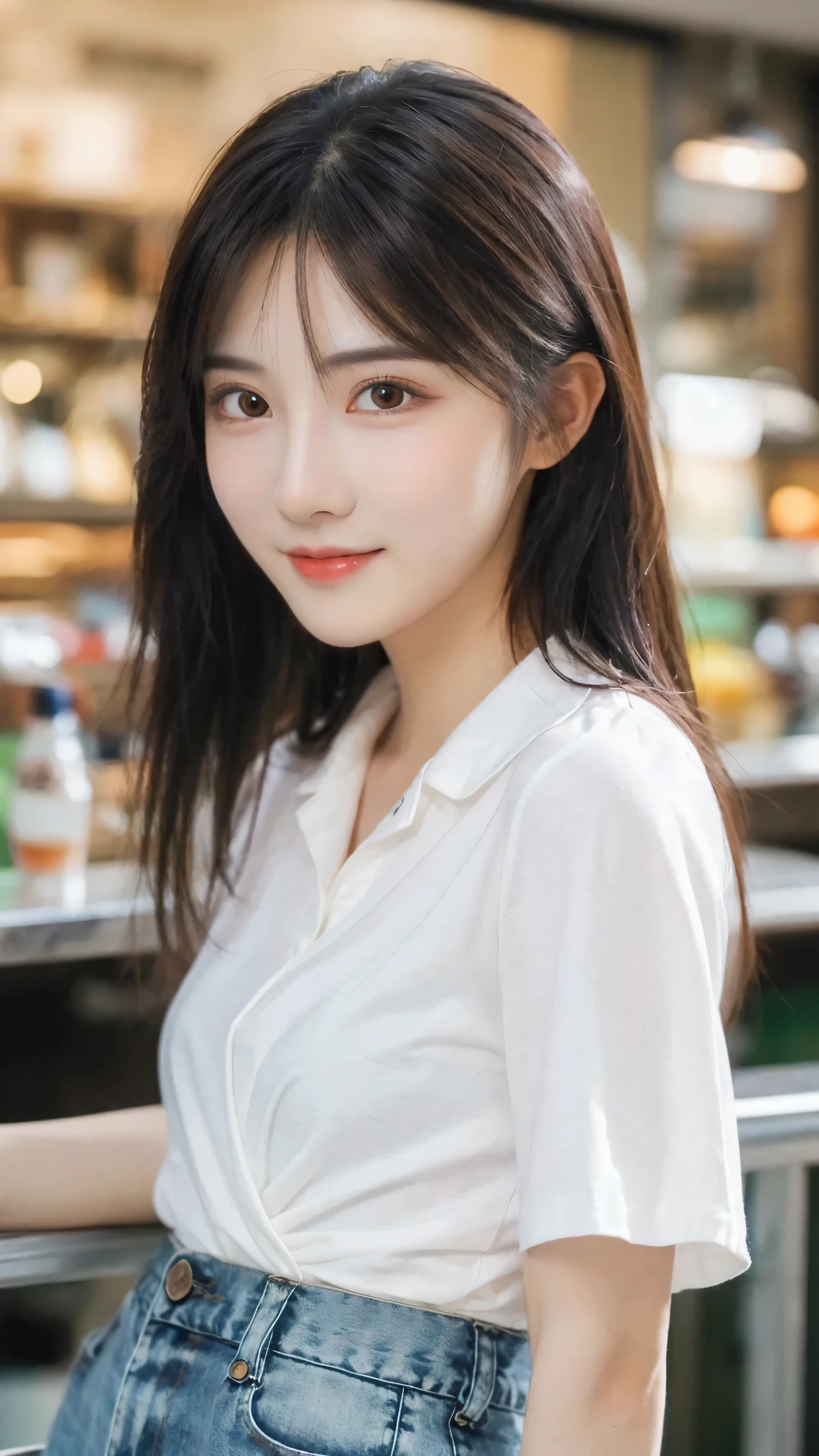 (8k, RAW Photo, Best Quality, Masterpiece:1.2), table top, Ultra Detail, Super Resolution, (Realistic, Realistic Photo:1.37), Portrait, High Detail RAW Color Photo, Professional Photo, Extremely Detailed and Beautiful, Extremely detailed, 8k wallpaper, amazing and detailed, huge file size, official art, highly detailed CG unity 8k wallpaper, highly detailed beautiful girl, highly detailed face, highly detailed eyes, highly detailed skin, highly detailed fingers, highly detailed nose, very detailed detailed mouth , perfect anatomy, highly detailed background, highly detailed clothes, 1girl, 1 girl, cute girl, realistic body, fair skin, glowing skin , slim body, handsome body, black hair , semilong hair, (blunt bangs:1.2), smile, cute, youthful, cute face, realistic face, delicate eyes, drooping eyes, looking at viewer, facing front, standing posture, Contraposto, (medium chest), (Perfect Body Proportions), (slender Body Proportions), super sexy pose, (white shirt), (jeans pants), (authentic bar),