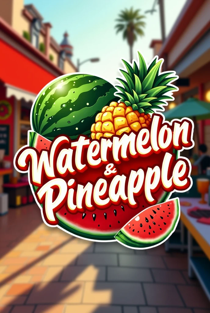 watermelon and pineapple sales logo, With Champy and Tajin I want you to show the Tajin and Chamoy in the logo, letters of watermelon and pineapple with Tajin and Chamoy in Spanish and a little more lively logo