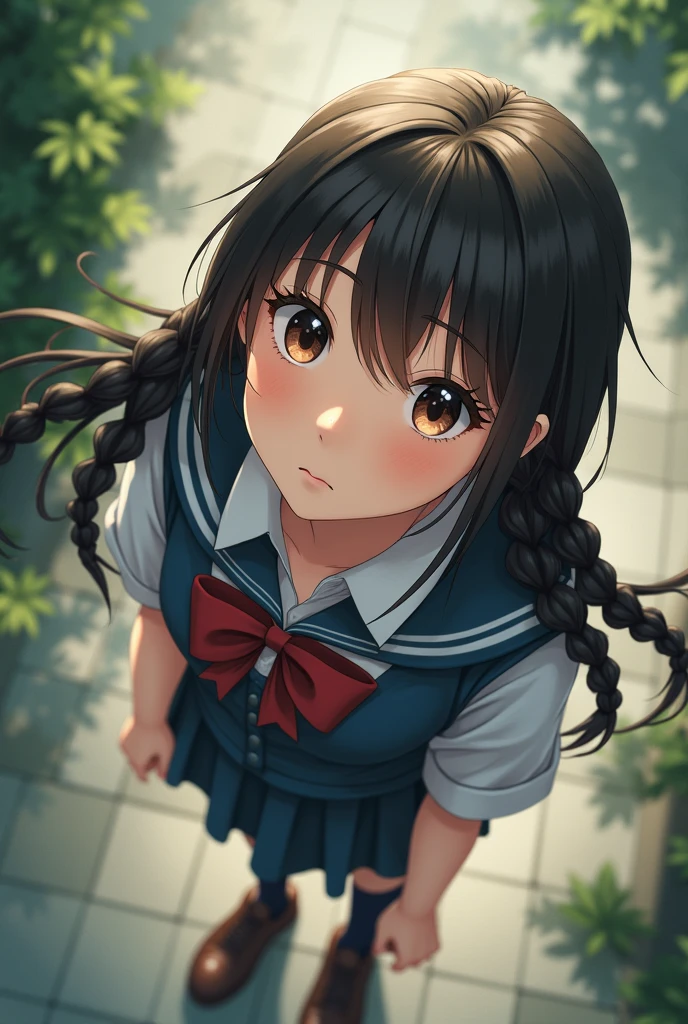 Asian age girl looking up with top perspective, with two long braids, dressed as a schoolgirl from the front, from afar, Further, where you can see your feet 