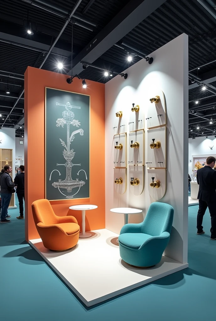 Design of a faucet fair stand with two chairs for the staff