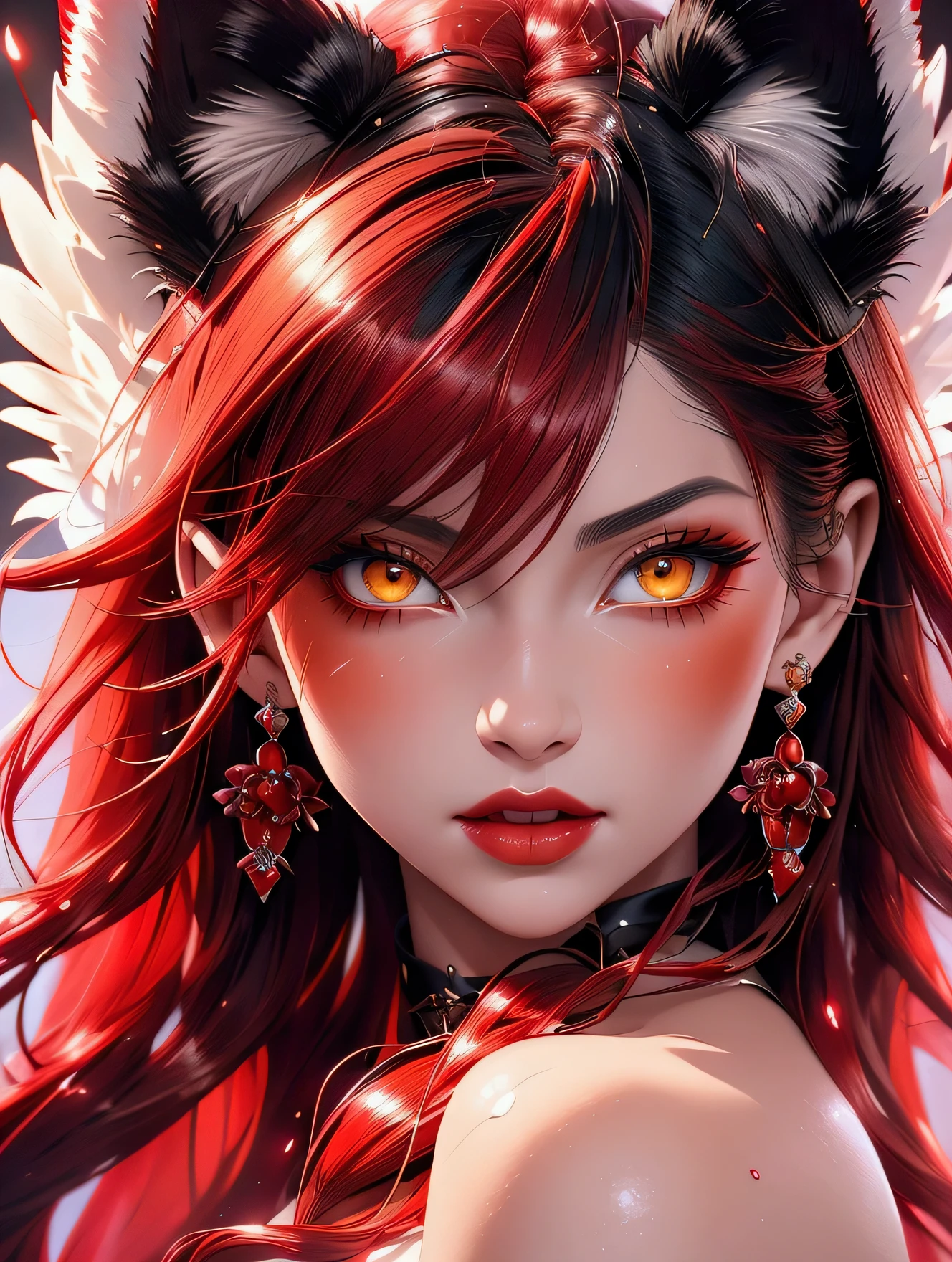Beautiful scarlet wolf girl, Arnouveau style, fondness, scarlet Wolf ears, red hair is long, sunlight rays, airiness, grace, Floral ornament, хмурая, angry, chiffon, Silk, Correct eye proportions, Expressive yellow eyes, long eyelashes, plump wet lips, Texture skins for the face, A lot of air, higly detailed, Doubleexposure, 30 thousand..., hyper realisitc, Hi-Def, soft-lighting