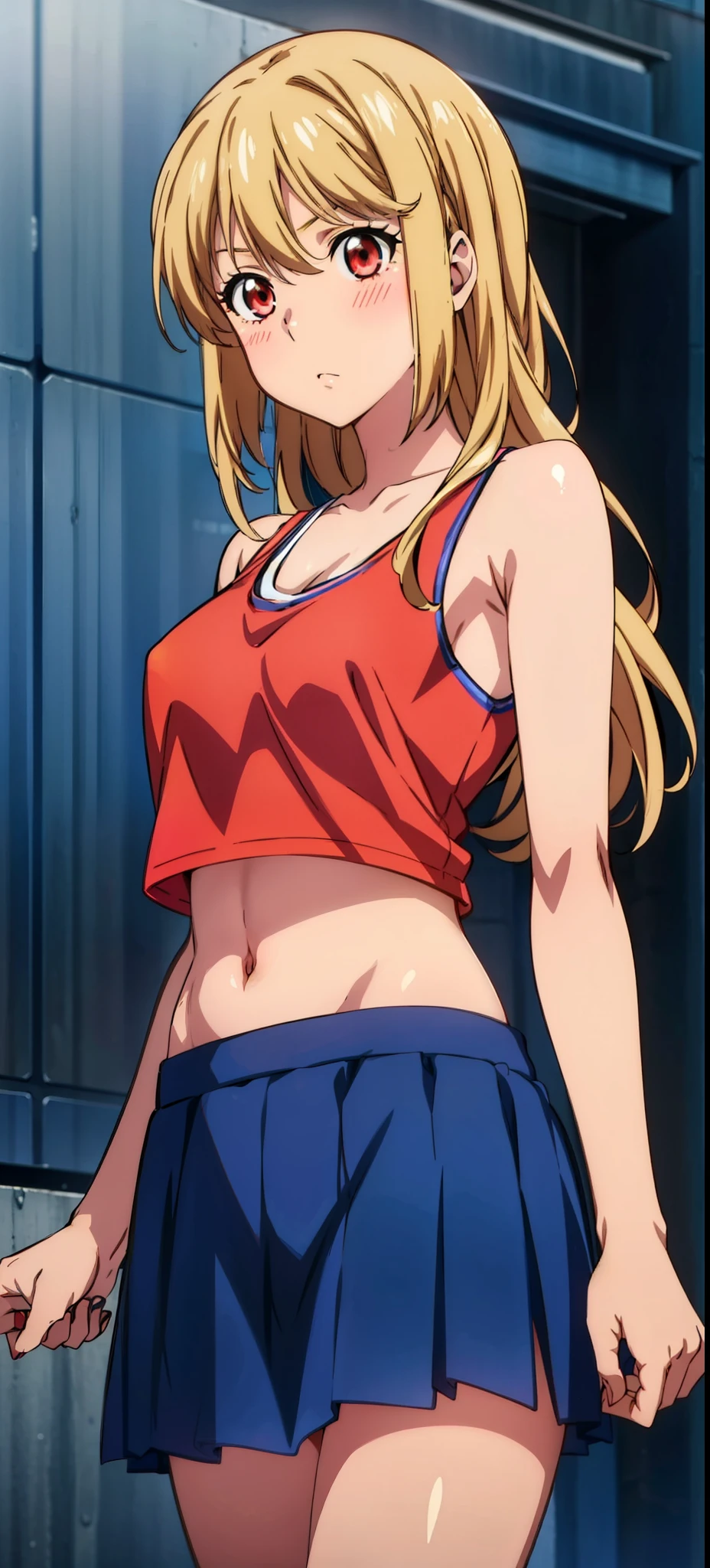 1 girl,Asagi, standing,masterpiece, cowboy_shot, red eyes, healthy skin, blushed, 20-year-old, street, cropped tank top, skirt, navel, midriff ,golden hair, 