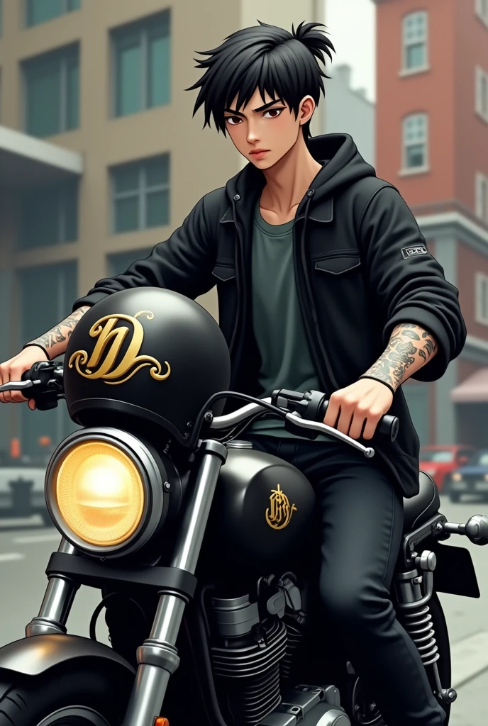 a boy driving his black bike, in front of a hotel holding his black helmet in his hand, the boy is wearing black Jacket and black T-shirt and black pants and black ankle length boots, and has tattoos on one arm and on the left side of the helmet, there's a beautiful and small sign engraved in Golden colour, which is made up with initial 'N' and 'D'. the boy is handsome, and has a half hair's pony, a realistic image.