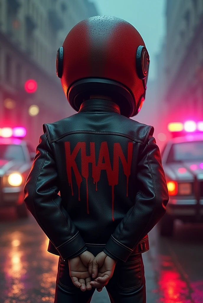 Generate a biker handcuffed facing a wall wearing a sports robotic helmet red an black with jacket written Khan at back tainted in blood background lights of police cars and cartoon image animated with big head and