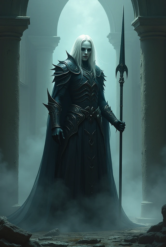 2 Salathiel has a ghostly appearance, with pale skin and white hair. He wears dark armor made of materials that seem to absorb light and carries a long, sharp spear..
